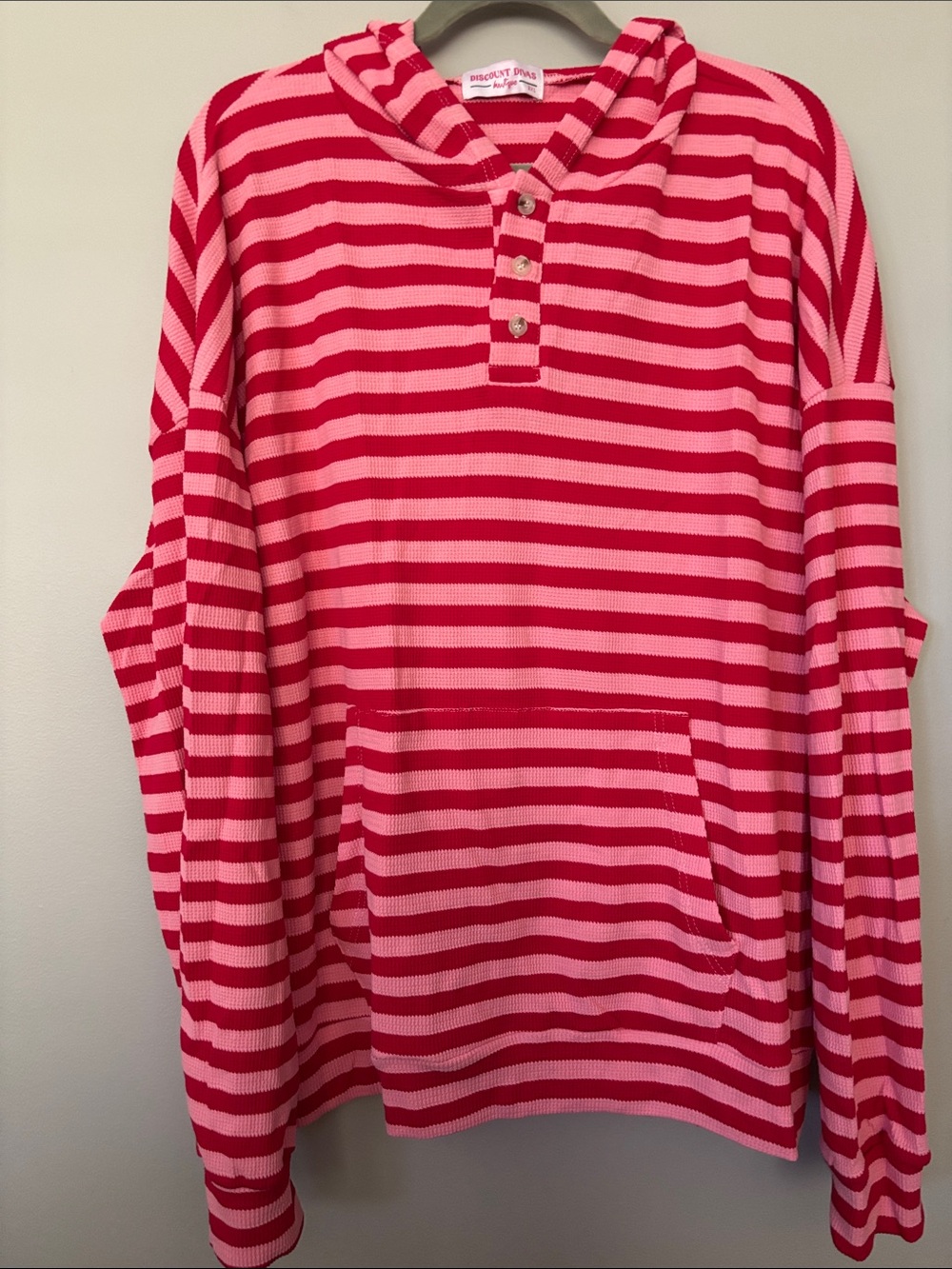 Striped Hooded Henley Sweatshirt in Pink and Red - Women's Cotton NWOT